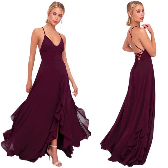 Lulus Lorenz Plum Purple Ruffled Lace-Up Maxi Dress size Large NWT - Picture 1 of 7